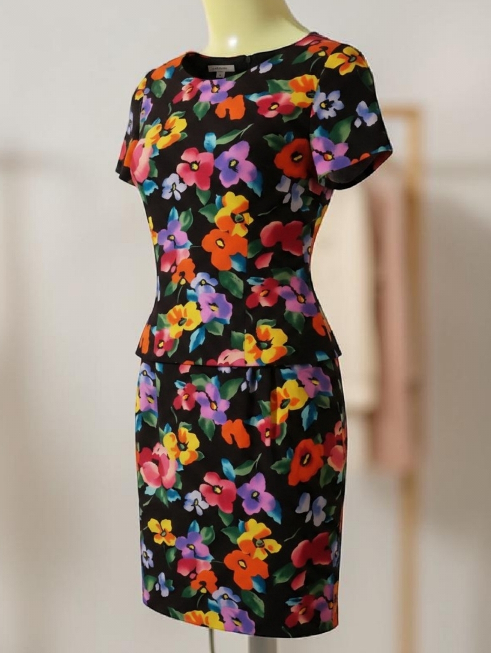 Maggy London Black Floral Midi Dress with Bright Multi-Color Blooms